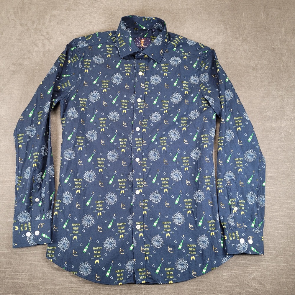 Simon Banks Button Down Shirt Mens Small Navy Happy New Year Champagne Fireworks